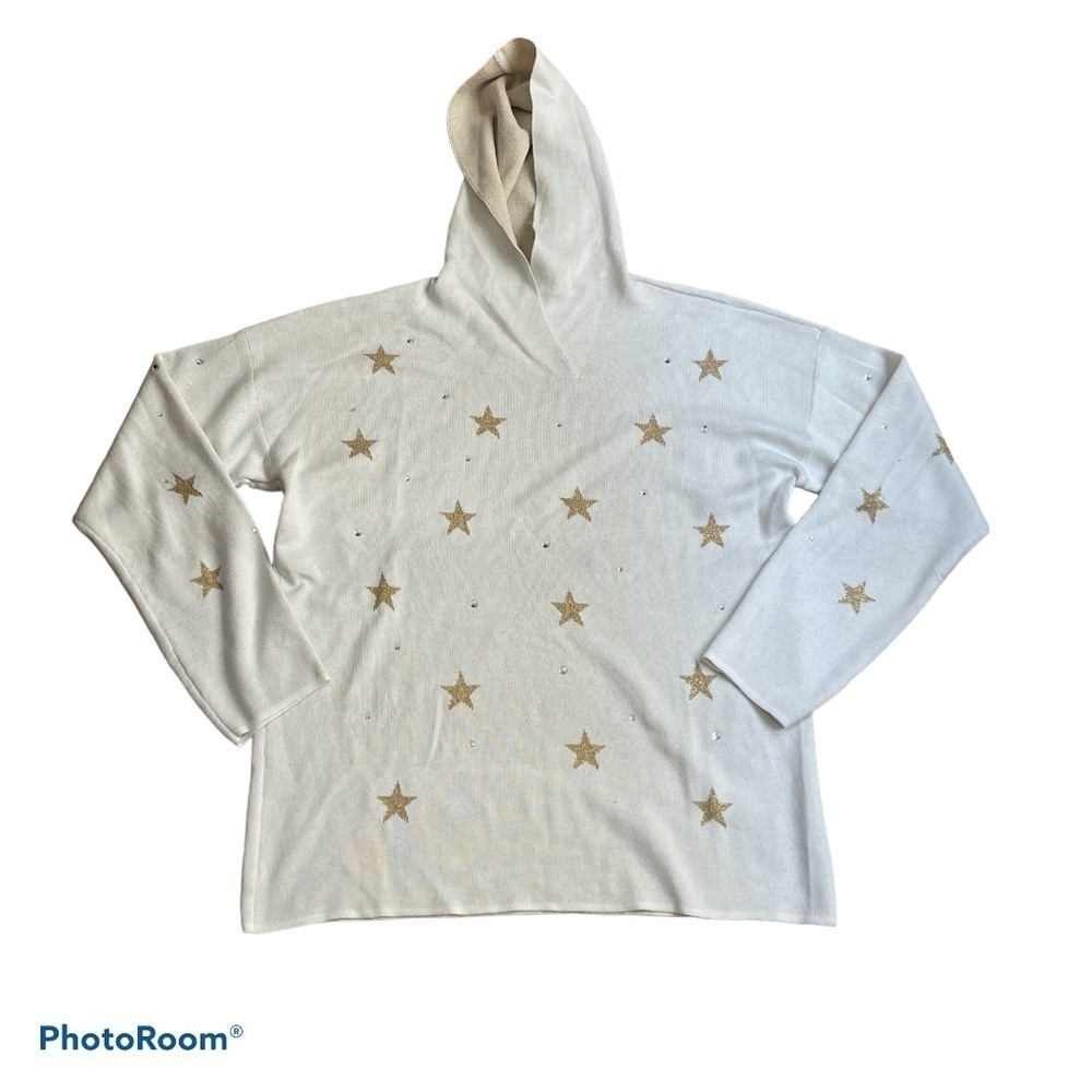 Marled Cream Hoodie Sweater with Gold Star Embellishments